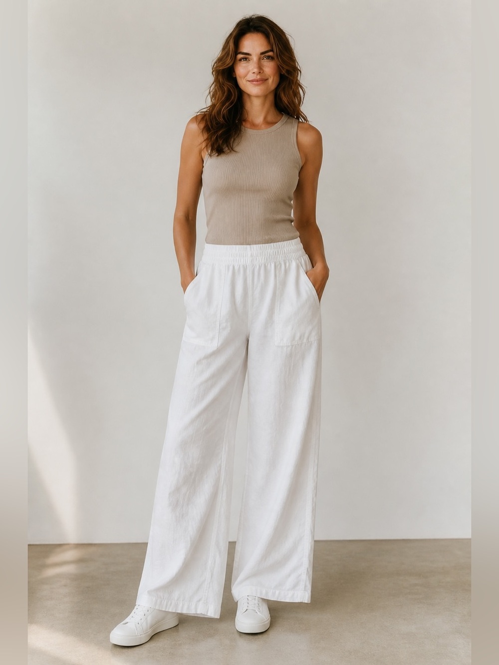 St. John's Bay White Linen Blend Wide Leg Pants Elastic Waist